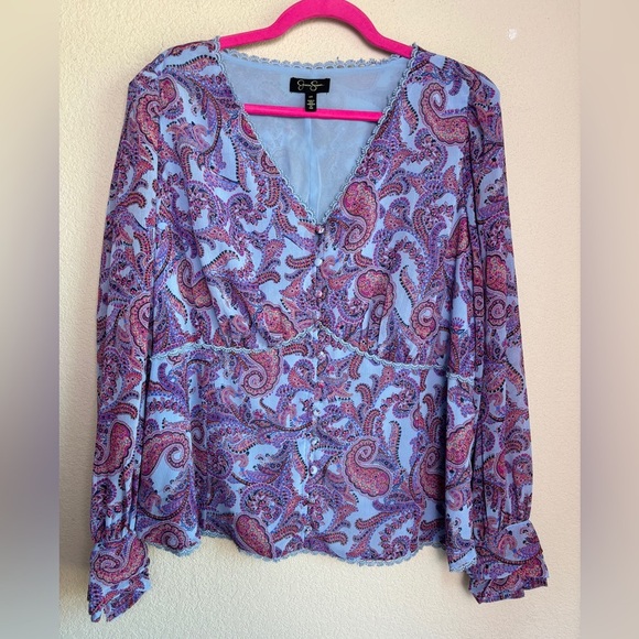 Jessica Simpson Blue Boho Paisley Chiffon Long Sleeve Crochet Trim Blouse 2X - Picture 1 of 12